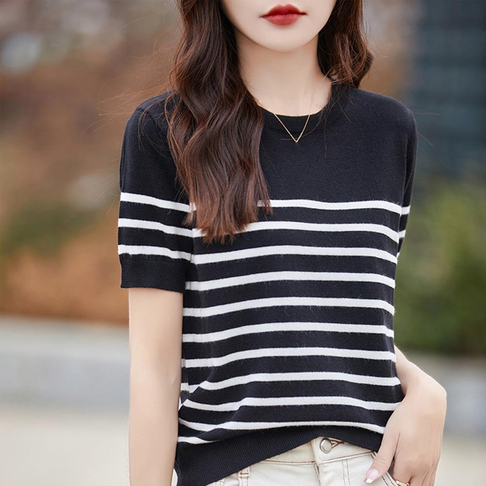 Short-sleeved Women's Summer O-neck Striped Casual Thin Pullover Women Korean Fashion Blouse Girls
