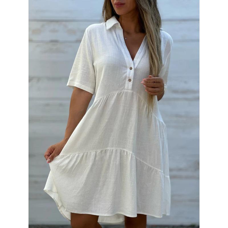 Fashion Short Sleeved Loose Dress Solid Color Lapel Casual Buttons Party Summer A-line Short Dress V Neck Elegant Large Size Sweet Simple Clothing
