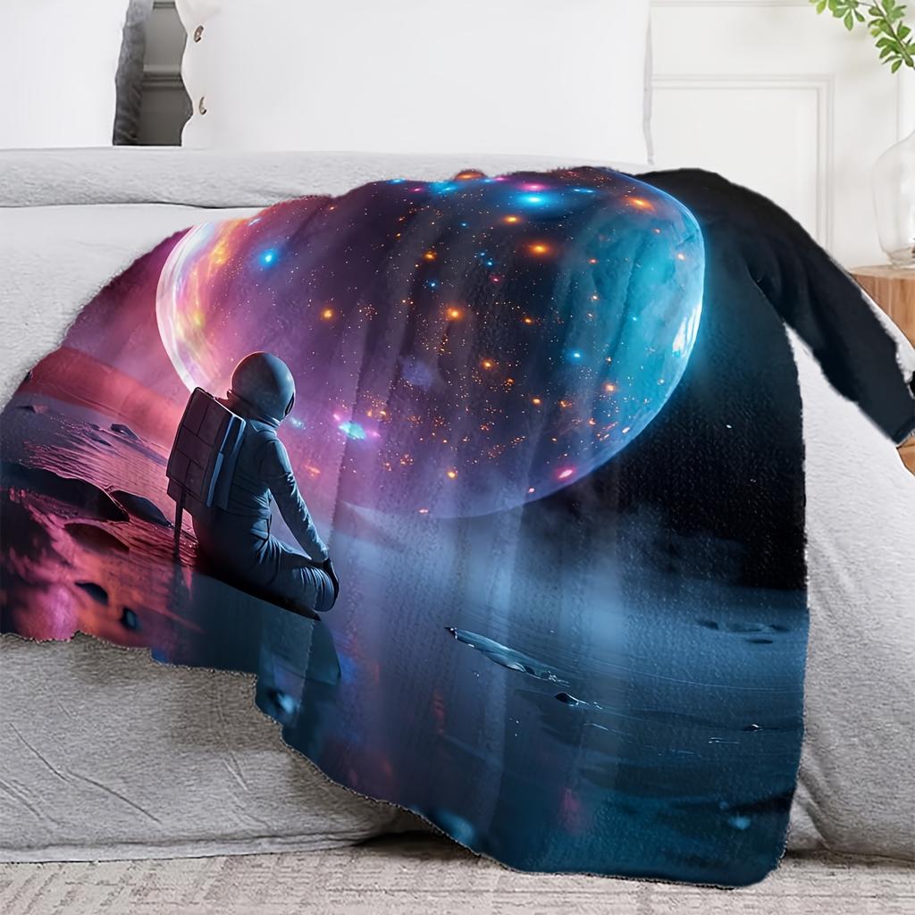1 Stück Flanell Astronaut Weltraumdecke - Weiche Plüsch Galaxie & Nebel Überwurf mit Astronaut & Planeten, Ganzjahres-Tagesdecke, Sofa
