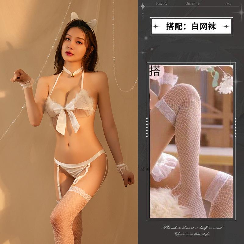 Sex Lingerie Set Sexy Hot Three-point Feather Cute Bow Halter Crotch Temptation Uniform Set