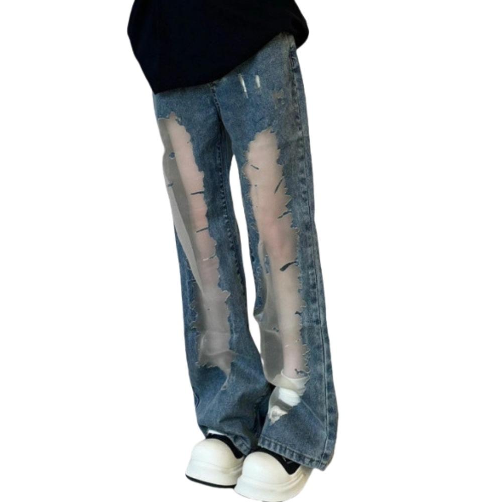 Straight Ripped Jeans Loose Baggy Pants Unique Casual Mesh Jeans  Women