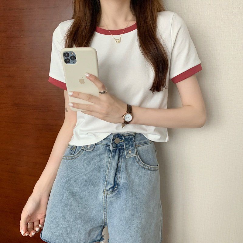 Clash of Colours Round Neck Short Sleeve T-shirt Women's Summer Bottoming Shirt Slim Tops