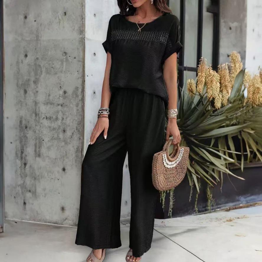 YYFS Women's Fashion Casual Summer Spring Solid Color Print Short Sleeve O-Neck Trousers Pants Suits