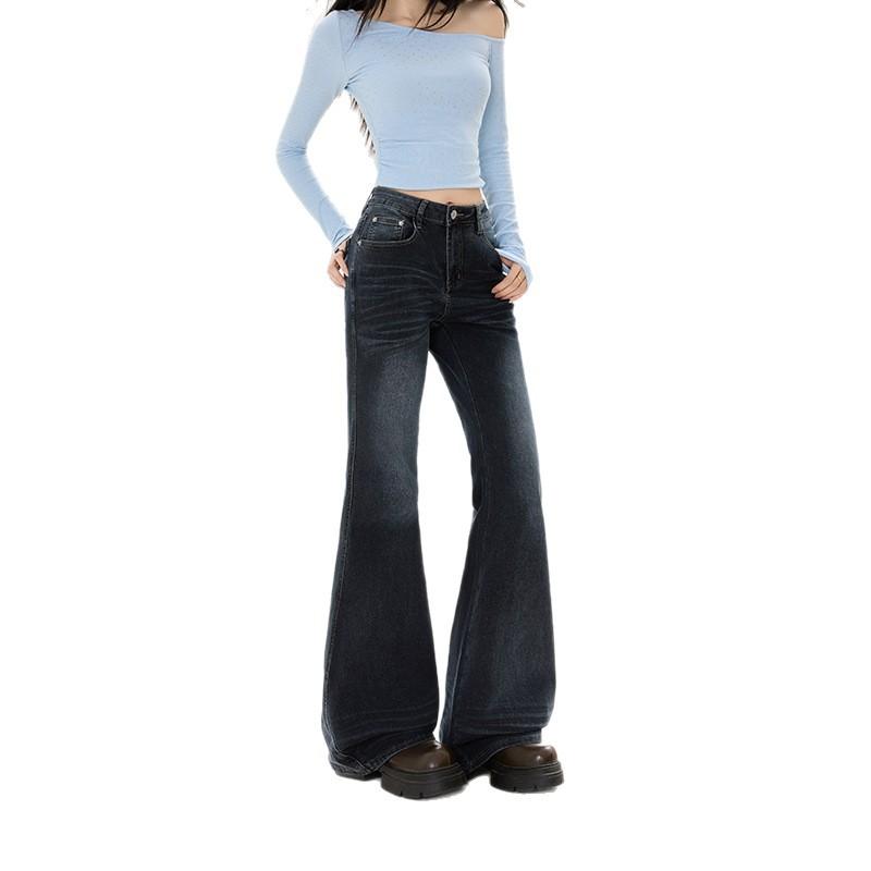 Nostalgic blue retro micro-pull jeans women's autumn new Spice Girl slim-fitting and thin scratch flared pants