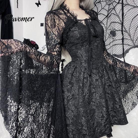 Soft Lace Bell Sleeve Cardigan Vintage Gothic Black T-shirt Elegant Flared Smock Top See Through Sexy Cropped Tops Streetwear Solid Color