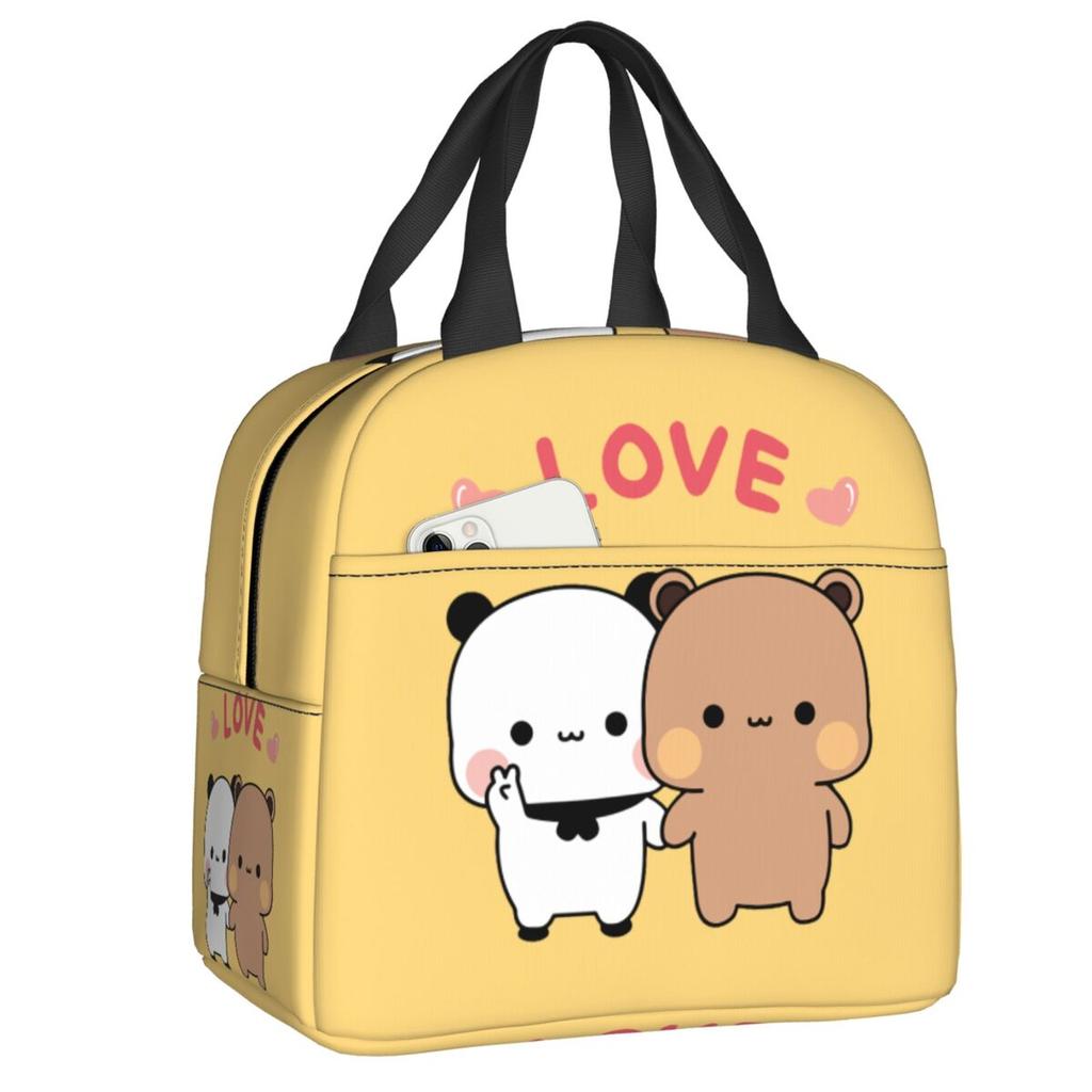 Custom Peach And Goma Mochi Cat Eating Ramen Thermal Insulated Lunch Bags Women Portable Lunch Container Travel Storage Food Box