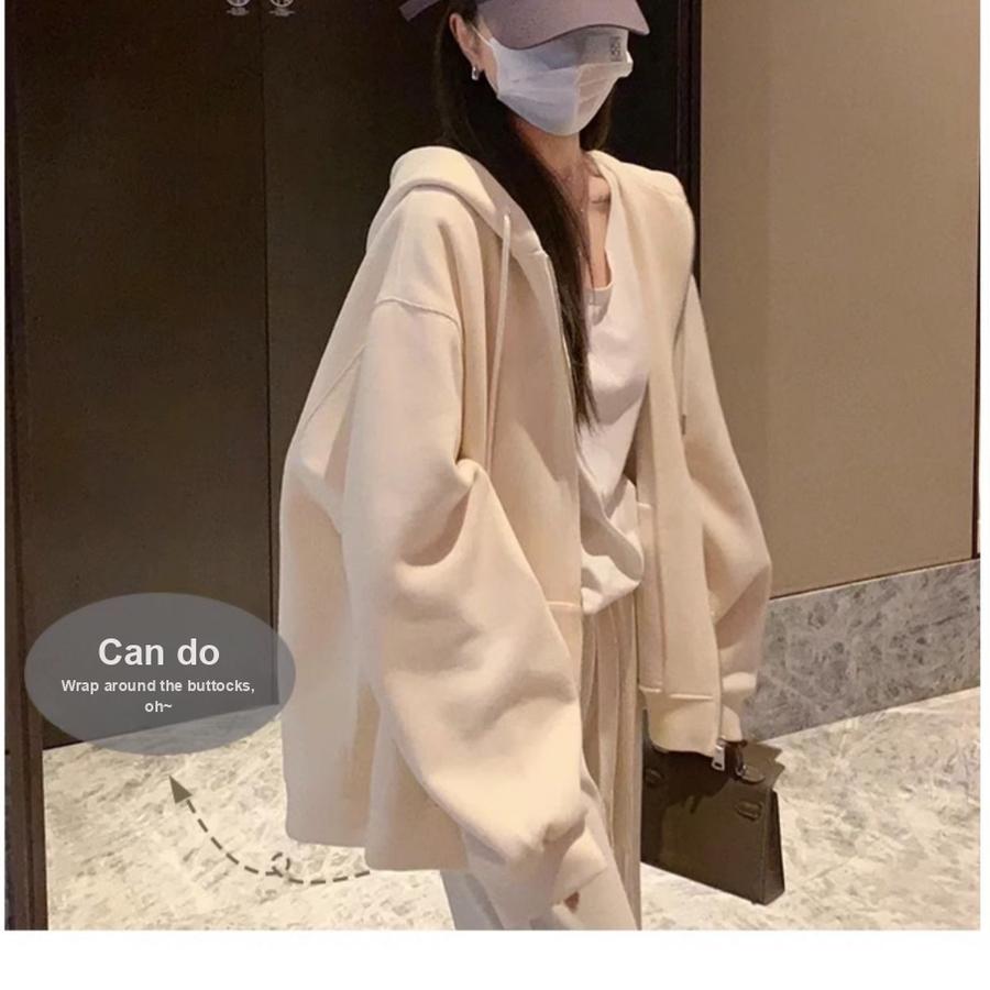 Women's Spring/Autumn Zip-Up Korean Lazy Style Loose Hoodie Solid Color Cardigan Top