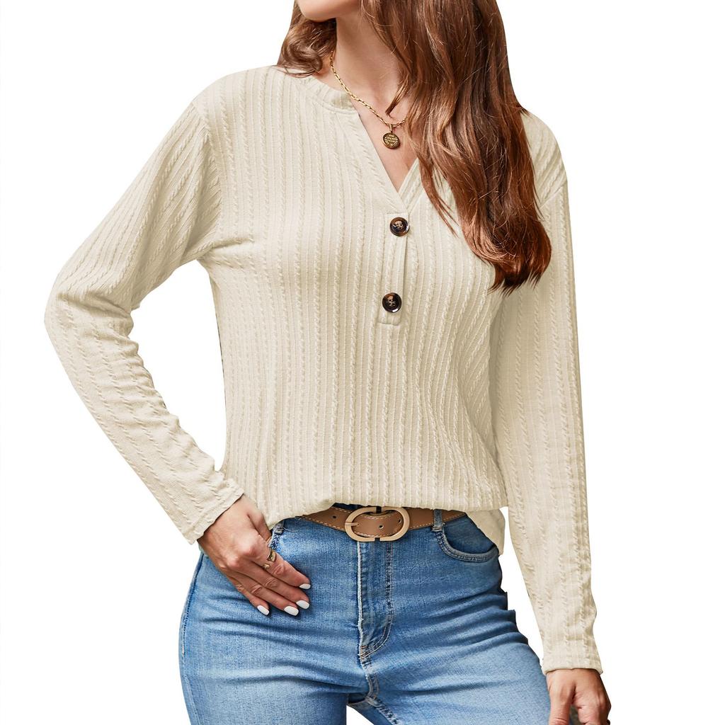 2024 Autumn Winter New Women Long Sleeve T-shirts Ladies Fashion Buttons V-neck Knitted Tee Shirt Female Solid Color Casual Tops