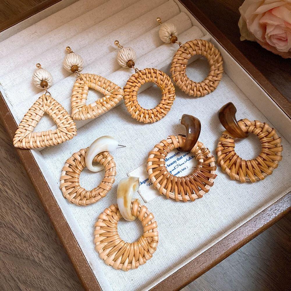 Wood Rattan Weave Earrings Flower Beach Jewelry Retro Bohemian Drop Earrings  Wedding