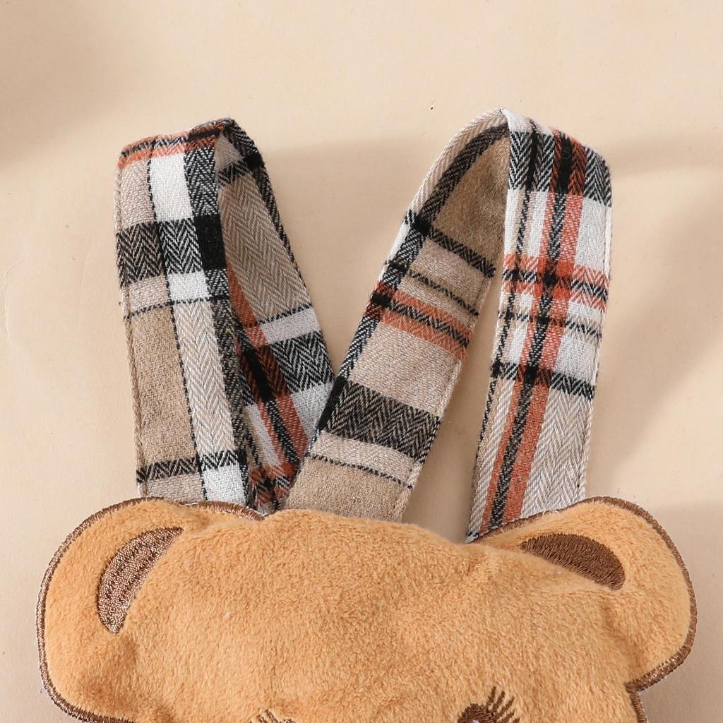 Baby Ribbed Bodysuit, Plaid Bear Doll Suspender Skirt & Headband Set for Fall/Winter