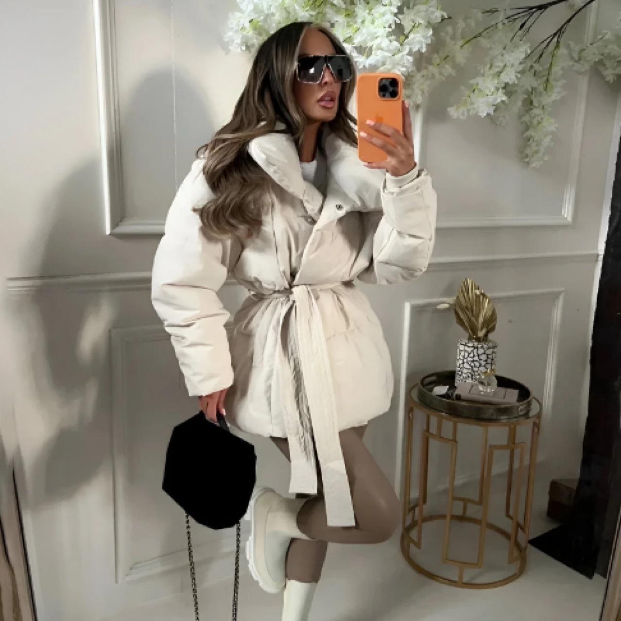 

2025 триколірна тепла бавовняна куртка з коміром-стійкою та зав язками на талії для жінок, осінь-зима, вільна, на шнурівці, нова мода, бавовна XXXL білий