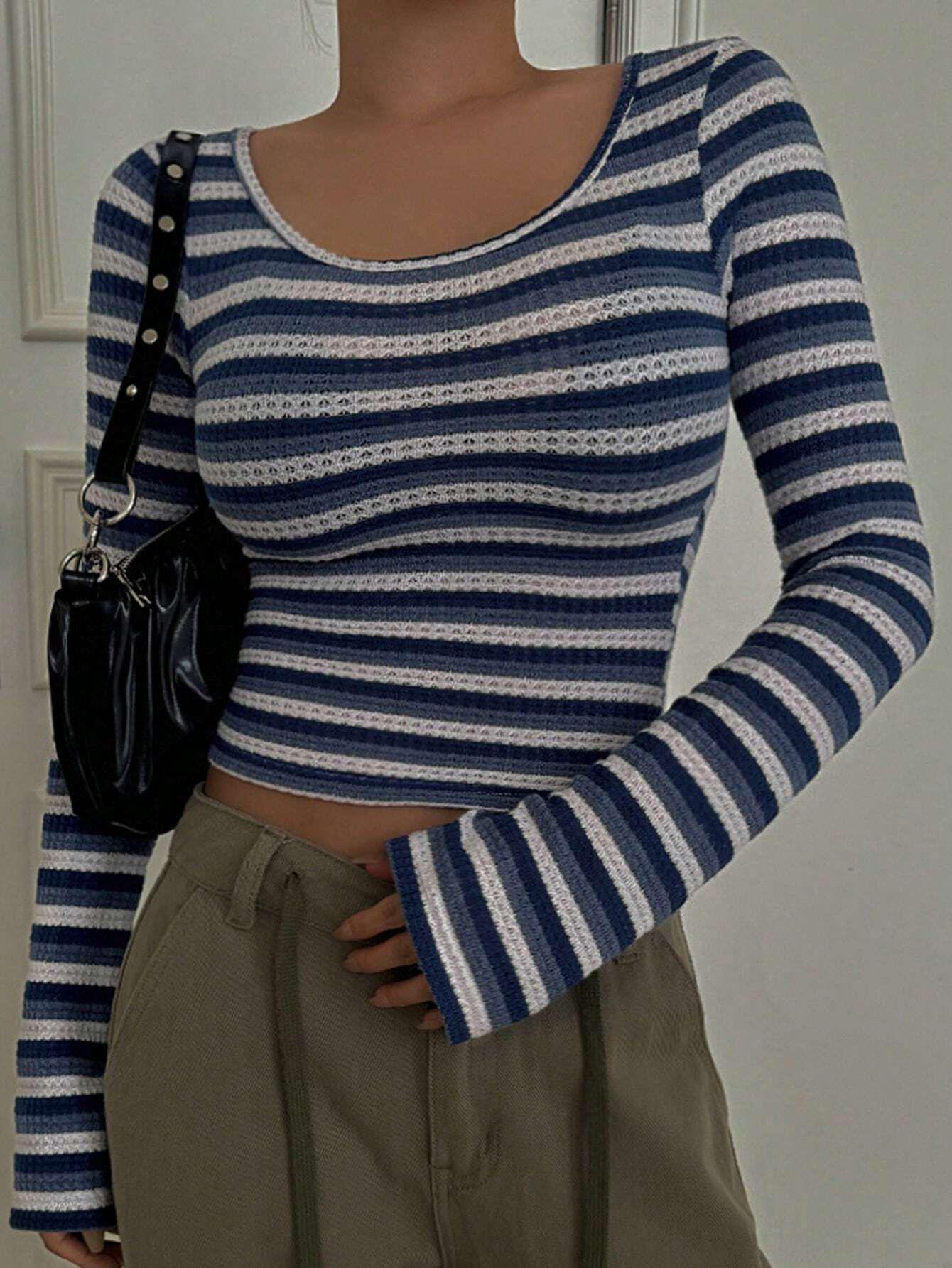 

Women s Autumn 2024 Striped Slim-Fit Long Sleeve Pullover Tee L білий/темно-синього кольору