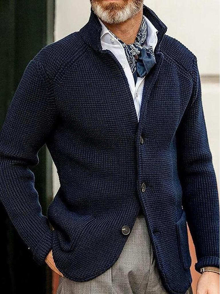 Men's Slim Fit Knitted Sweater - Solid Color, Turn-Down Collar, Long Sleeve, Trendy Brand for Fall/Winter