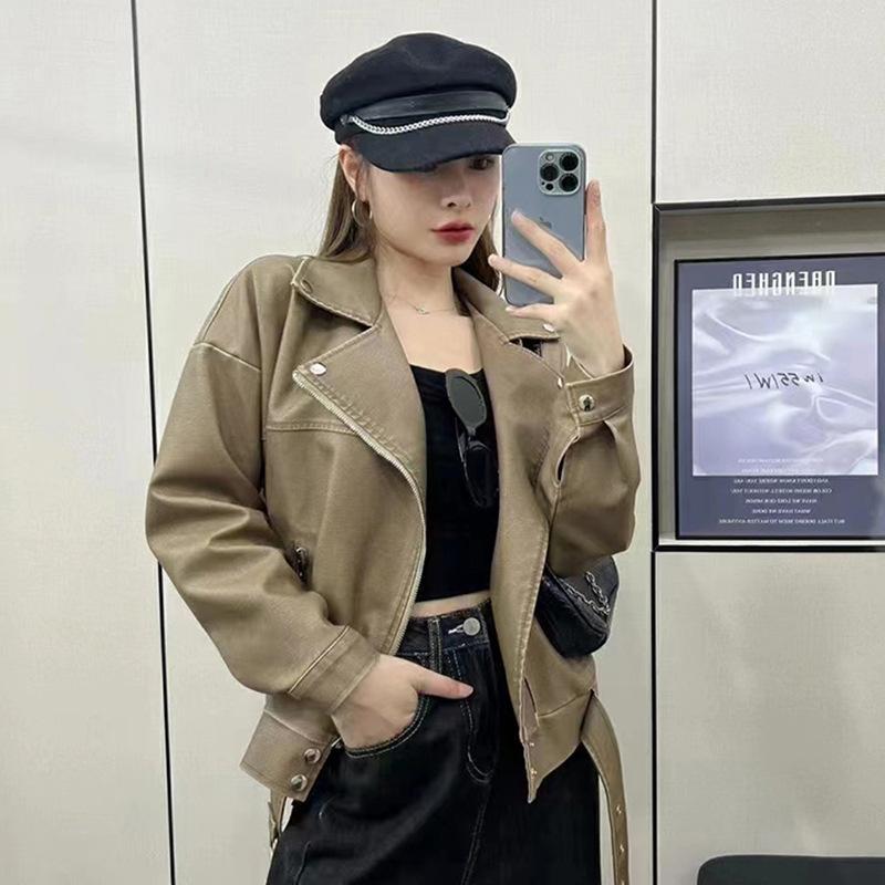 Retro PU-Lederjacke für Damen im Frühling und Herbst, vielseitige koreanische Version, locker und klein, modische Motorradjacke, coole Lederjacke