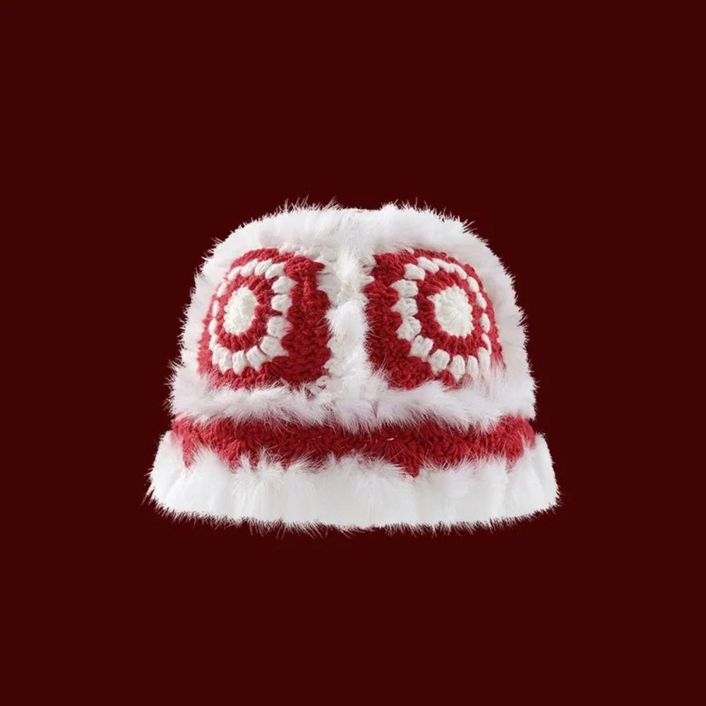 Rabbit Hair Bucket Hat Plush Female Hats Simple Winter Knitted Hat  Skiing