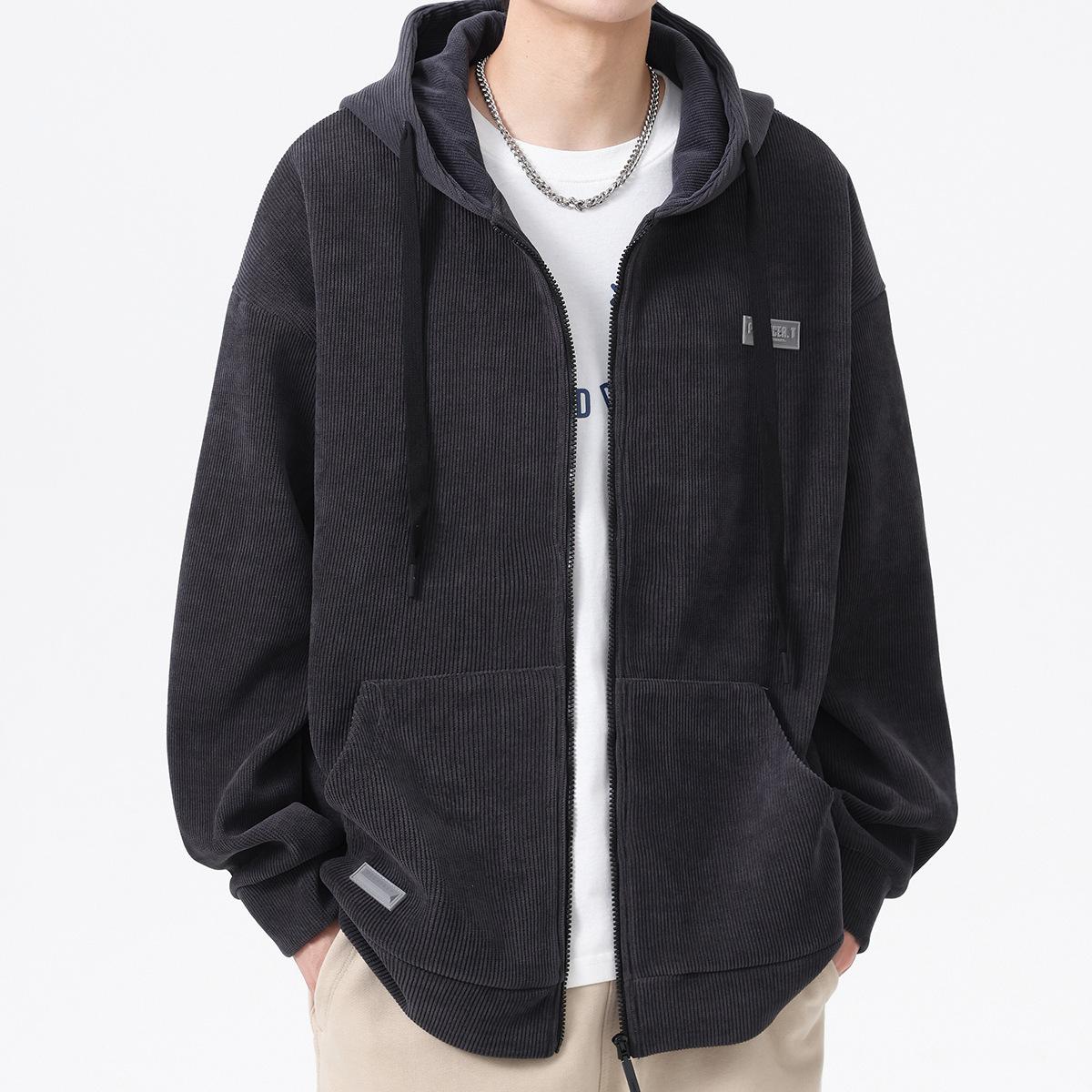 

Флисовый свитер мужской осенне-зимний американский прочный утолщенный вельветовый кардиган на молнии с капюшоном куртка Tide 2XL темно-серого