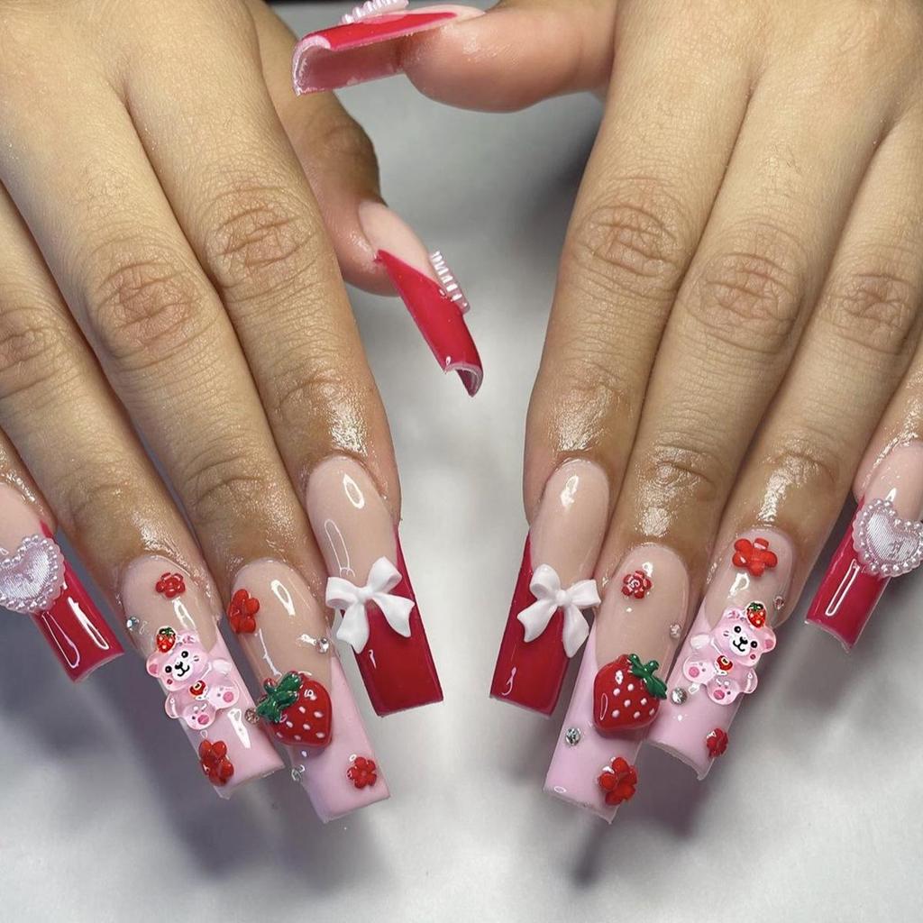 Long Red French Cartoon Bear Heart Nails with 3D Bow & Flower Design