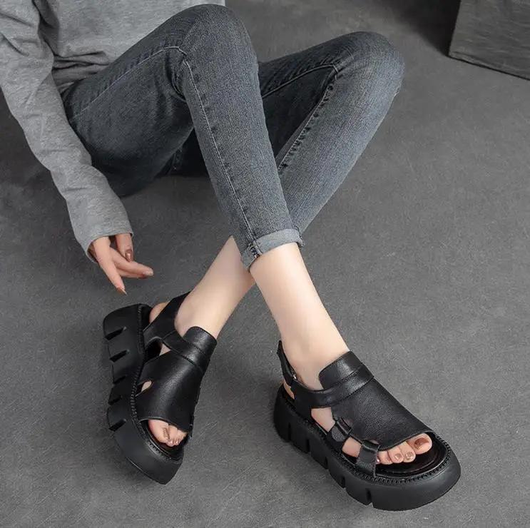 Fashion 5.5CM Summer Handmade Genuine Leather Sandals Women Designer Luxury Hook And Loop Wedges Platform Casual Sandals Women Shoes