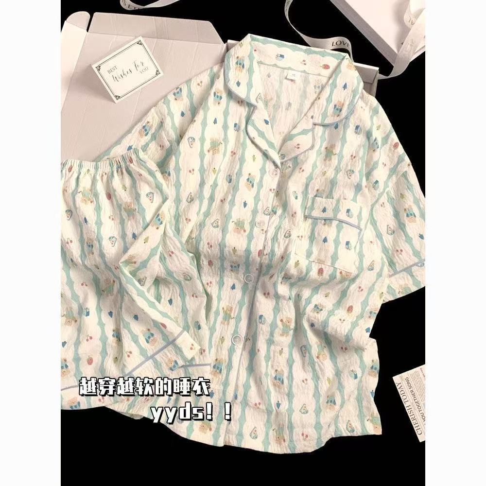 

Girls cute lapel gauze pajamas women s summer bear cotton and linen short-sleeved shorts nightdress simple loungewear set XXL