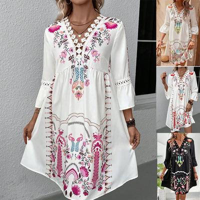 Nuevo Vestido Midi Estampado para Mujer con Escote en V y Ribete de Encaje, Manga Corta Casual Floral de Verano para Uso Diario