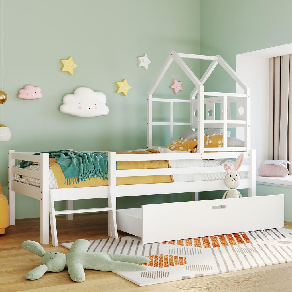 Hausbett Kinderbett mit Leiter und Schubladen, inkl.. Lattenrost, Massivholz Hochbett mit Absturzsicherung 90x200cm Weiß (ohne Matratze)