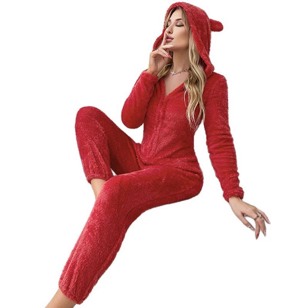 Women's Bear Ear Hooded One-piece Pajamas V-neck Long Sleeve Loose Casual Long Pants Loungewear Fall Winter  For Europe & America
