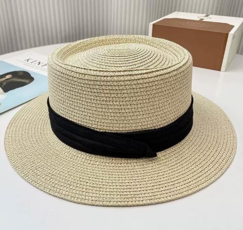 Woven Straw Boater Hat for Women Flat Top Wide Brim Sun Hat Breathable Lightweight Summer Beach Hat with Ribbon Band for Travel