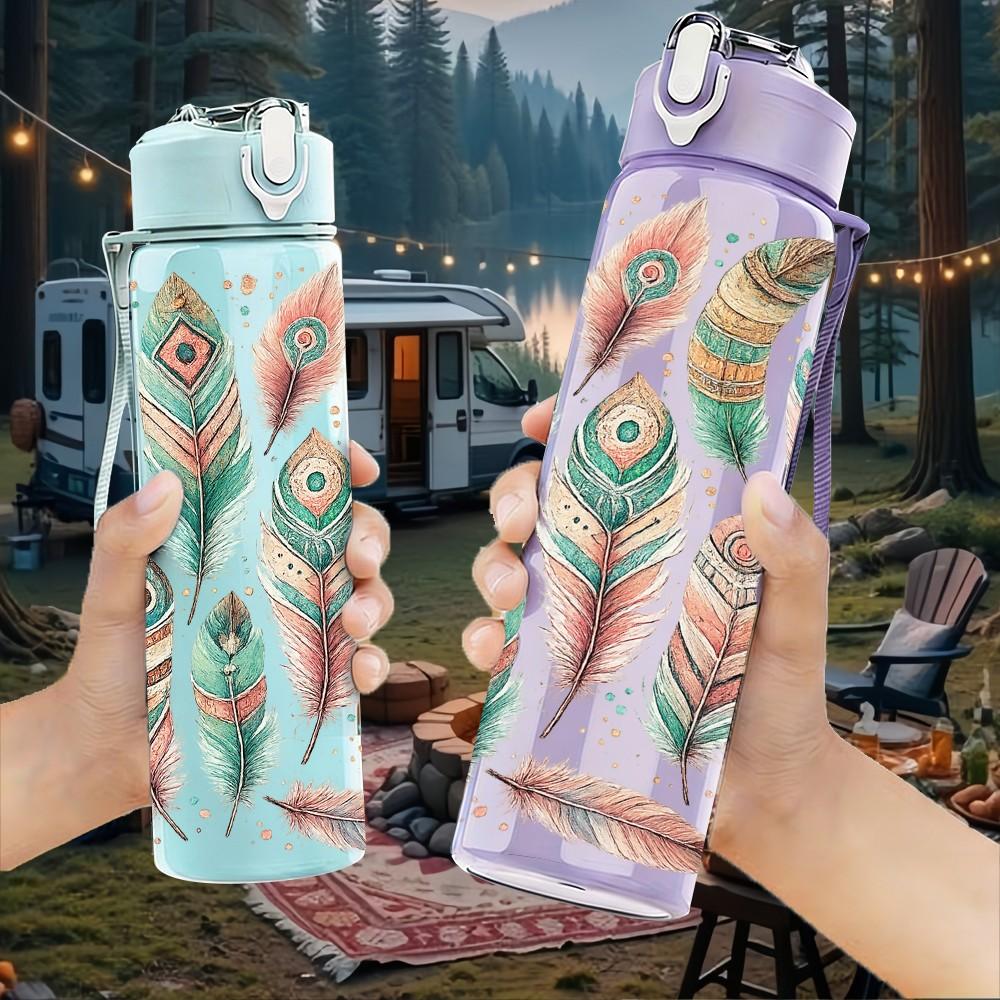 1PC Colorful Peacock Feather Pattern Print 750ml Color Plastic Sports Water Bottle Leakproof Flip Straw Lid Suitable for Sports Office Home Use