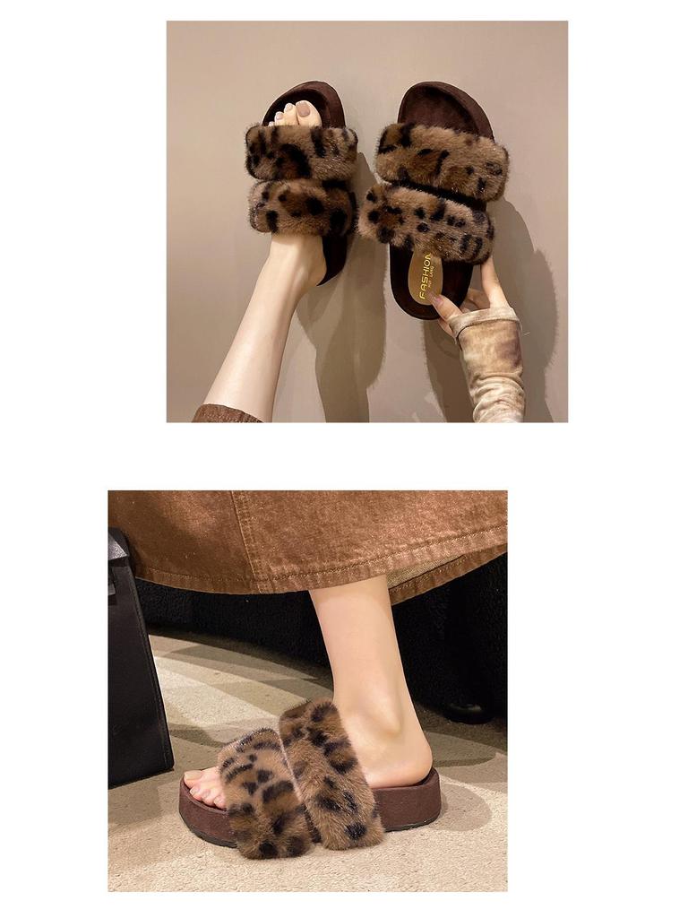 Damen Retro Leopard Print Fuzzy Hausschuhe, Herbst/Winter 2025, Plüsch Einriemen Baumwolle für Outdoor-Bekleidung