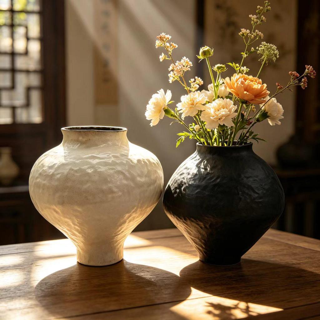 Wabi-Sabi Retro Ceramic Vase - Chinese-Style Vintage Flower Arrangement Ornament for Living Room or Tea Room