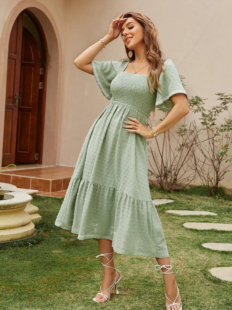 Vestido Largo Maxi de Verano para Mujer, Manga Corta, Fruncido, Cuadrado, Línea A, Fluido
