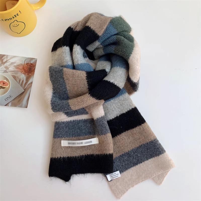 Rainbow Striped Mohair Scarf Women's Winter Korean Version Color Matching Striped Wool Short Scarf Student Warm Short Scarf Men
