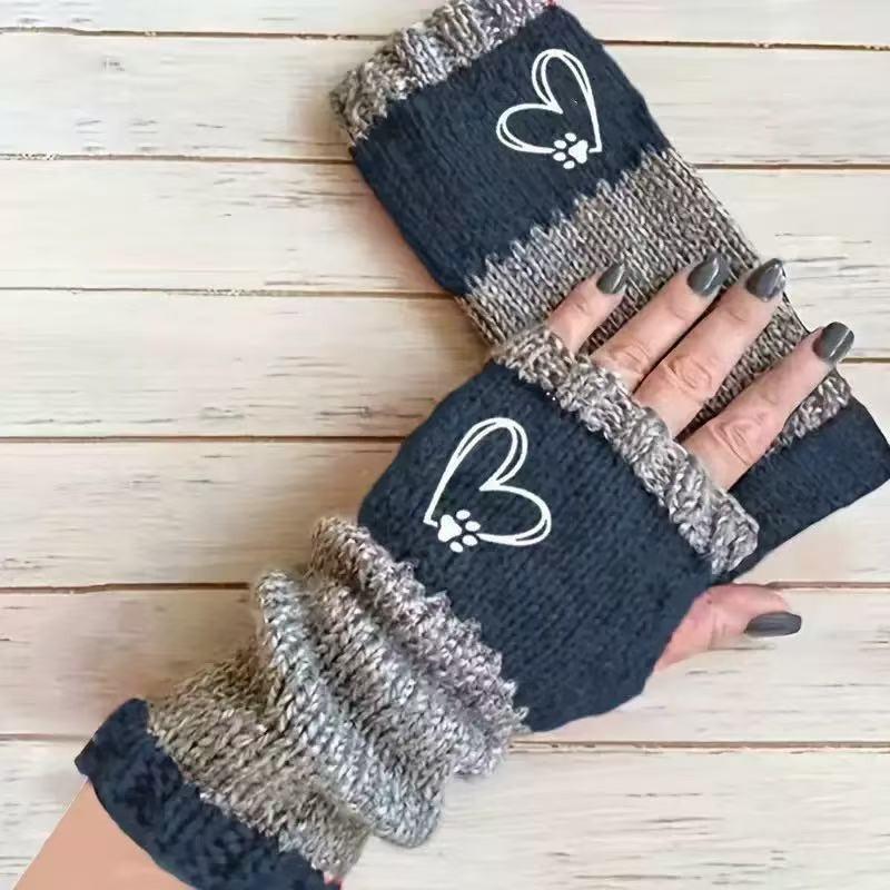 Gants en tricot sans doigts avec broderie de chat et patchwork, Gants décontractés ouverts aux doigts tendance pour femme, Mitaines chaudes d'hiver sans doigts