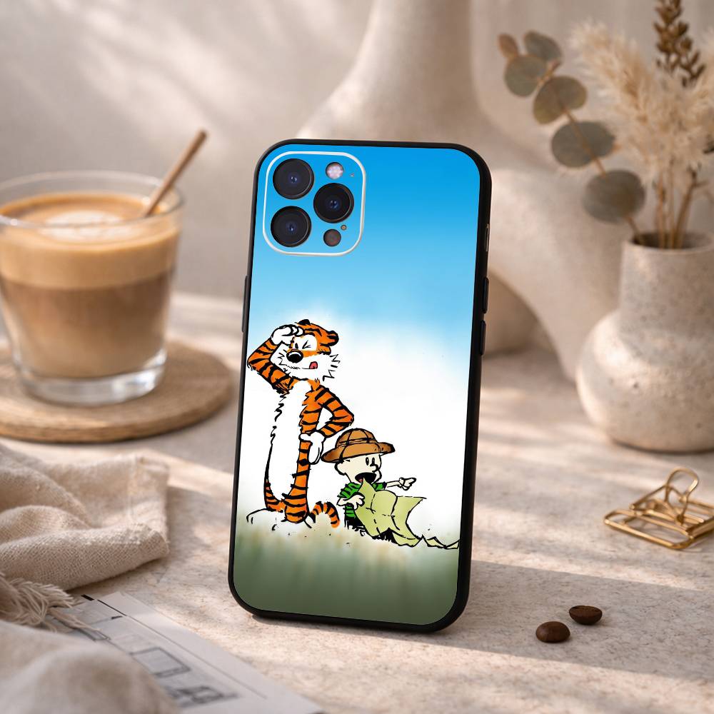 C-CalvinS And H-Hobbes Retro Phone Case For iPhone17,16,15,14,13,12Plus,Pro Max,XS,5G Soft Silicone Black Cover iPhone14Plus