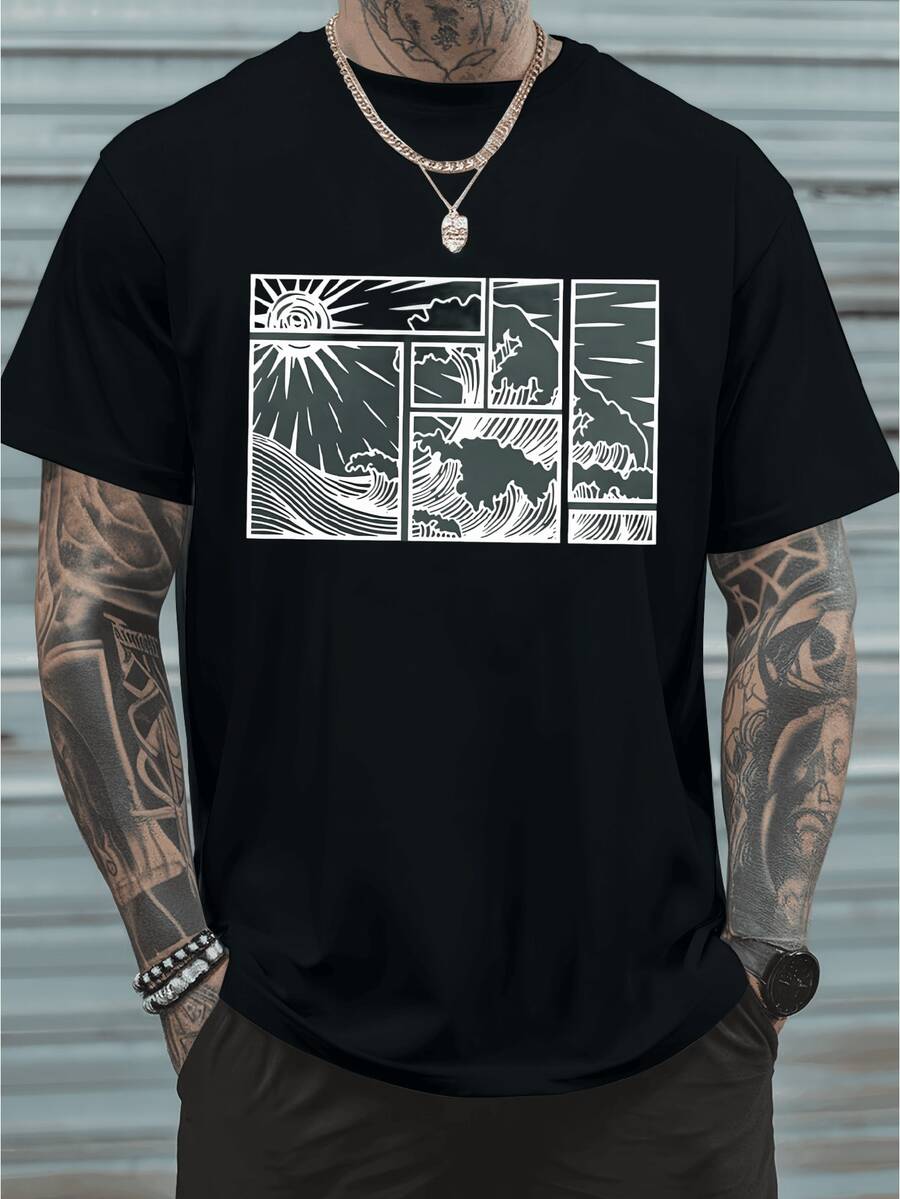 

Unisex s Casual T-Shirt With Wave Sun Graphic Print Casual Short-Sleeved T-Shirts XXXL
