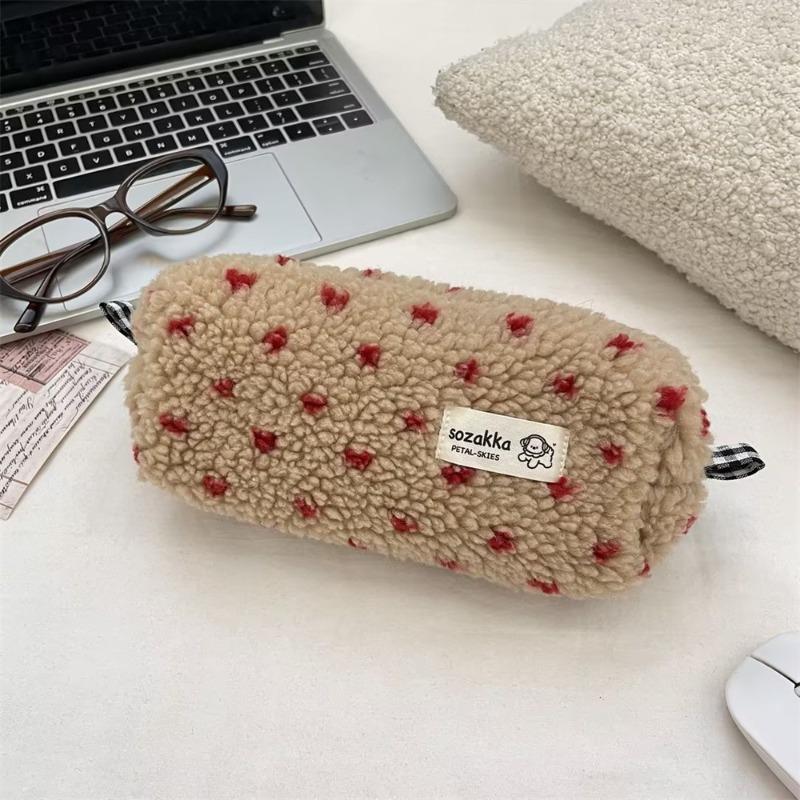 Winter Plush Small Love Pencil Case Student Pencil Pouch Large Capacity Stationery Organizer  Travel Toiletry Bag