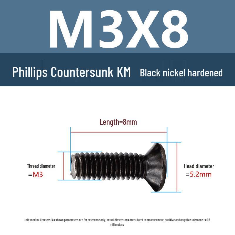 Yigu Uhlíková ocel Černý nikl Kalené KM Šrouby s plochou hlavou Phillips M2-M4 pro elektroniku