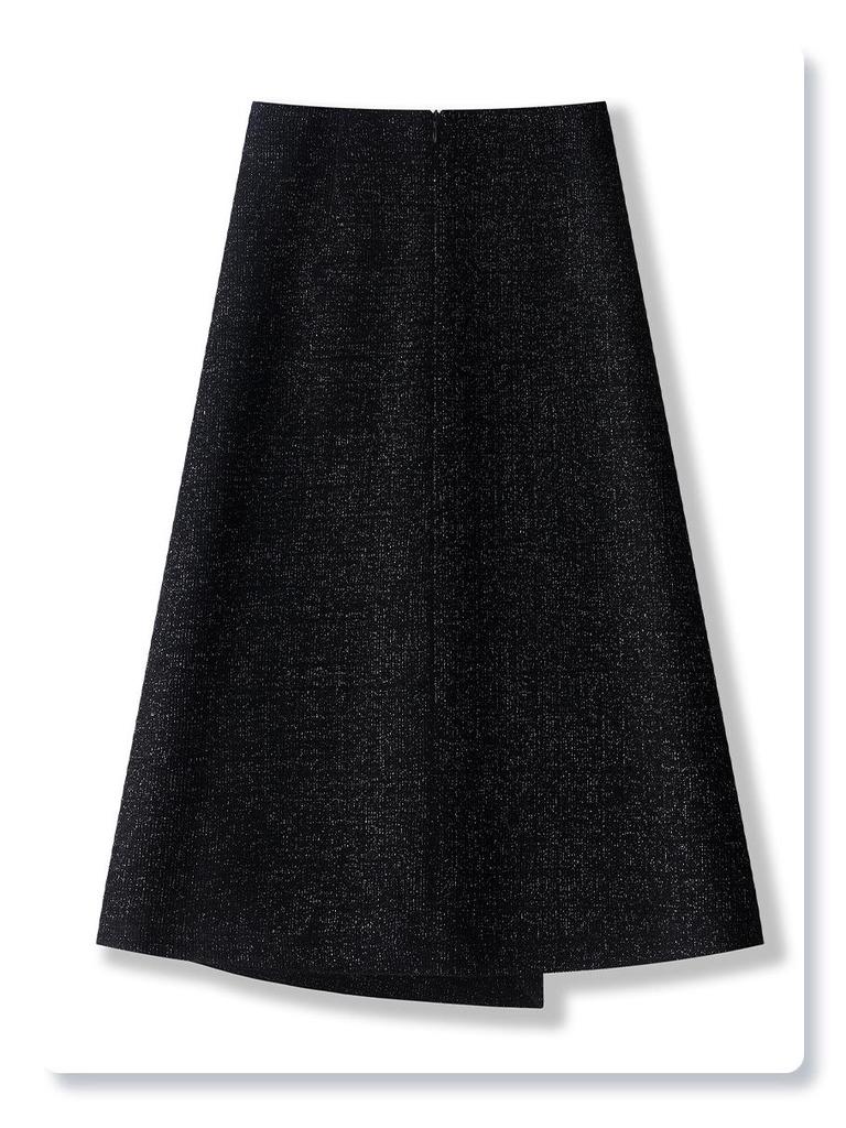 Women's Black Wool A-line Midi Skirt with Irregular Hem for Autumn/Winter 2024