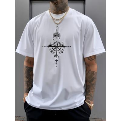 T-shirt Casual Sportiva da Uomo Vintage a Maniche Corte con Girocollo e Stampa Bussola, Sottile, Estiva/Primaverile