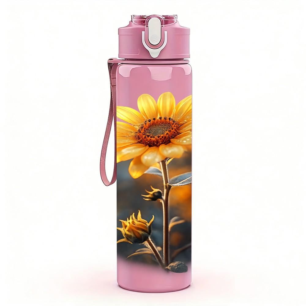 1PC Sunflower Dark Background Art Print 750ml Color Plastic Sports Water Bottle Leakproof Flip Straw Lid Suitable for Sports Office Home Use