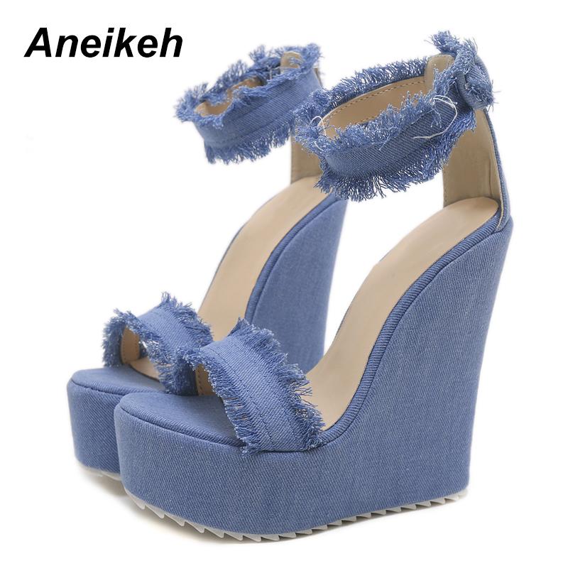 

Aneikeh Blue Designer Denim Sandals Summer Woman Wedges High Heels Peep Toe Platform Roman Dresses Shoes 35-40 35