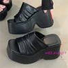 Mode Übergröße Sommer Mode Hausschuhe Plissierte Eckige Zehenpartie Damenschuhe Punk Plateau Dicke Sohle Absätze Schuhe für Damen Zapatos Mujer