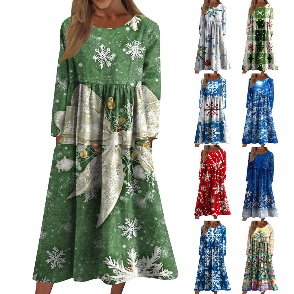 Women's Casual Crew-neck Christmas Print Mid-length Dress Long-sleeved Dress With Pocket