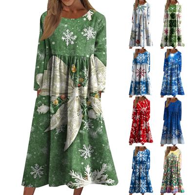 Damen Freizeitkleid mit Rundhalsausschnitt, Weihnachtsdruck, mittellang, langärmlig mit Tasche