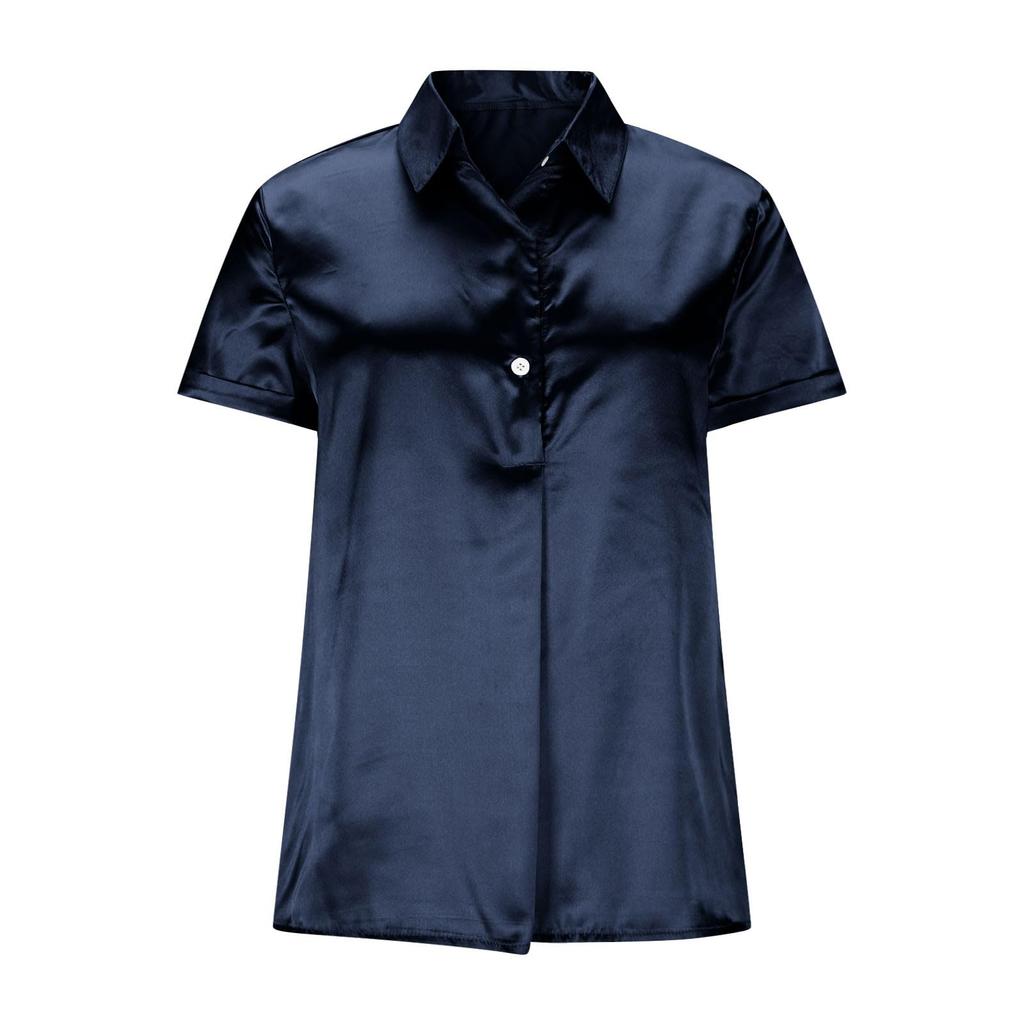 Women's Fashionable Color Collar Short Sleeve Button Pocket Casual Loose Shirt Top