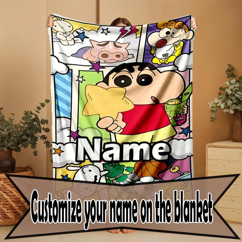 Custom Name Personalized Crayon Shin Print Blanket, Home Decor, Bedroom, Sofa, Camping, Couch, Gifts for Birthday Christmas