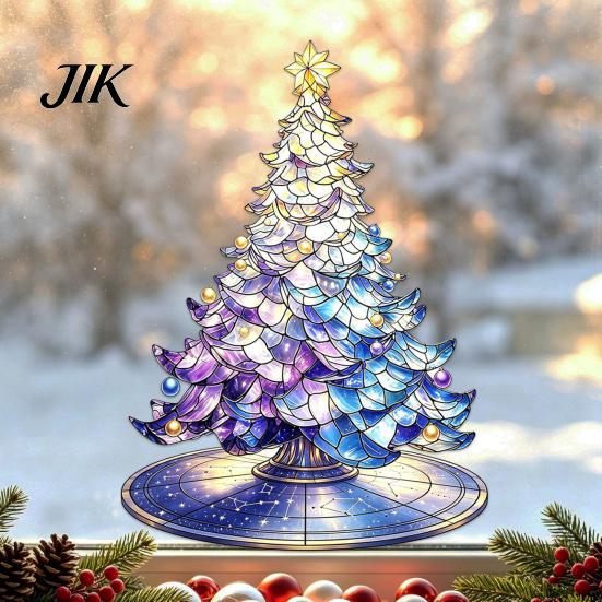 Removable Holiday Glass Decals Stained Style Christmas Tree Static Window Cling, Gradient Starry Sky Festive Party Supplies Xmas Sticker, Reusable PVC