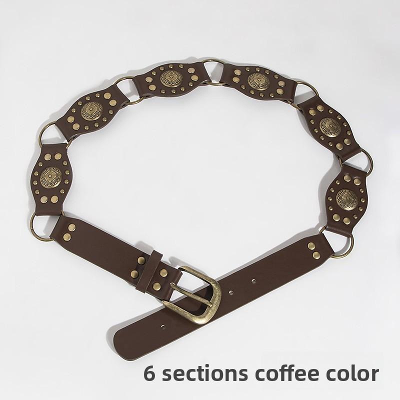 Vintage Western Style Faux Leather Belt With Spliced Carving And Unique Buckle For Fashion Women