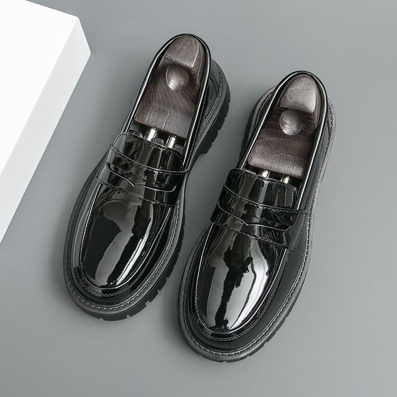 Men s British-Style Burnished Leather Loafers: Large Size, Thick-Soled, Glossy Casual Slip-On Shoes 39