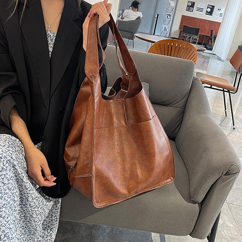 Retro Handmade Big Beach Tote Bag High Capacity Shoulder Solid Color Multifunction Handbags for Ladies